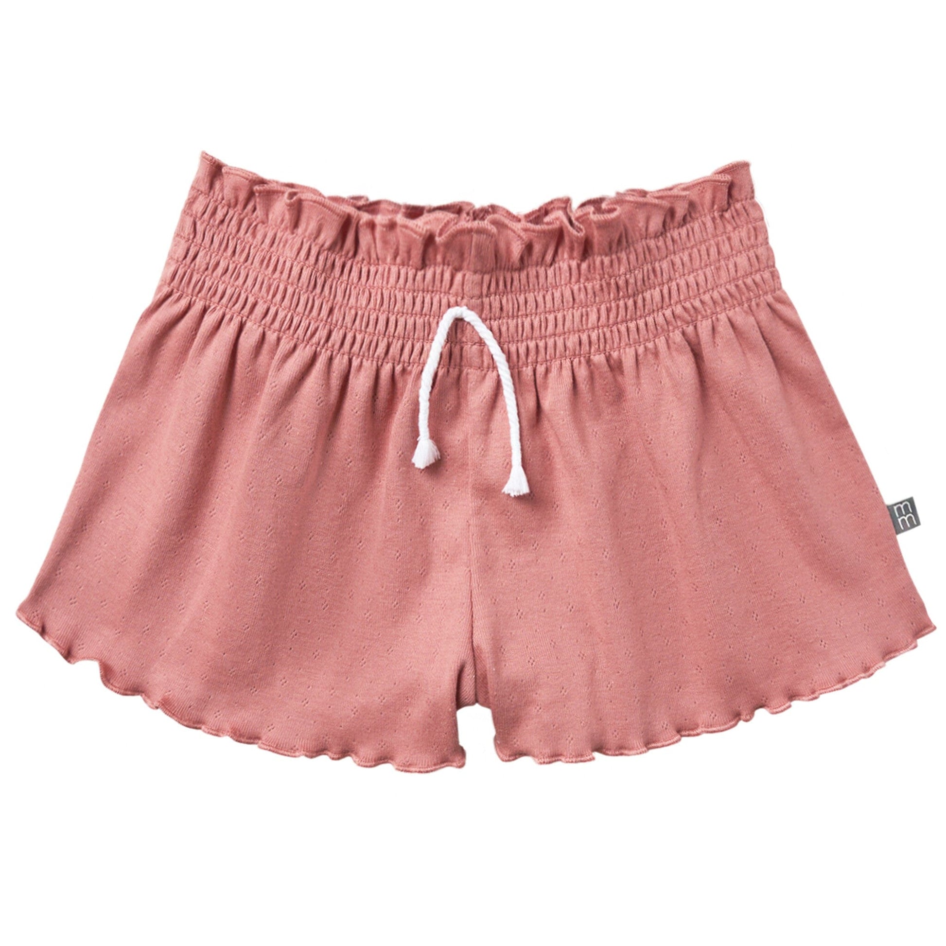 Pink shorts with a white drawstring on a white background
