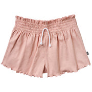 Pink shorts with a drawstring on a white background