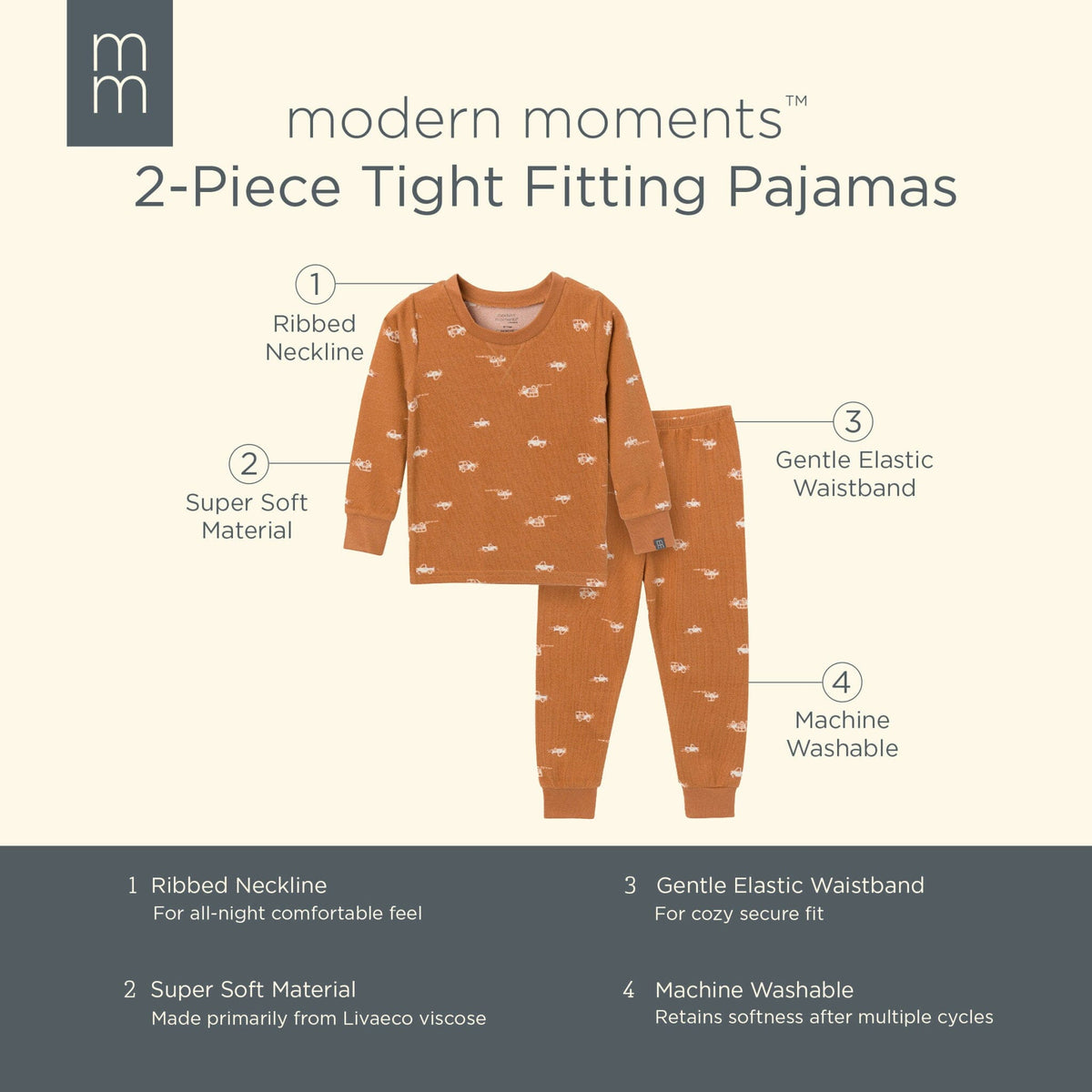 2-Piece Infant & Toddler Boys Lt Med Brown Cars Pajama Set Sleepwear Modern Moments™ by Gerber® 