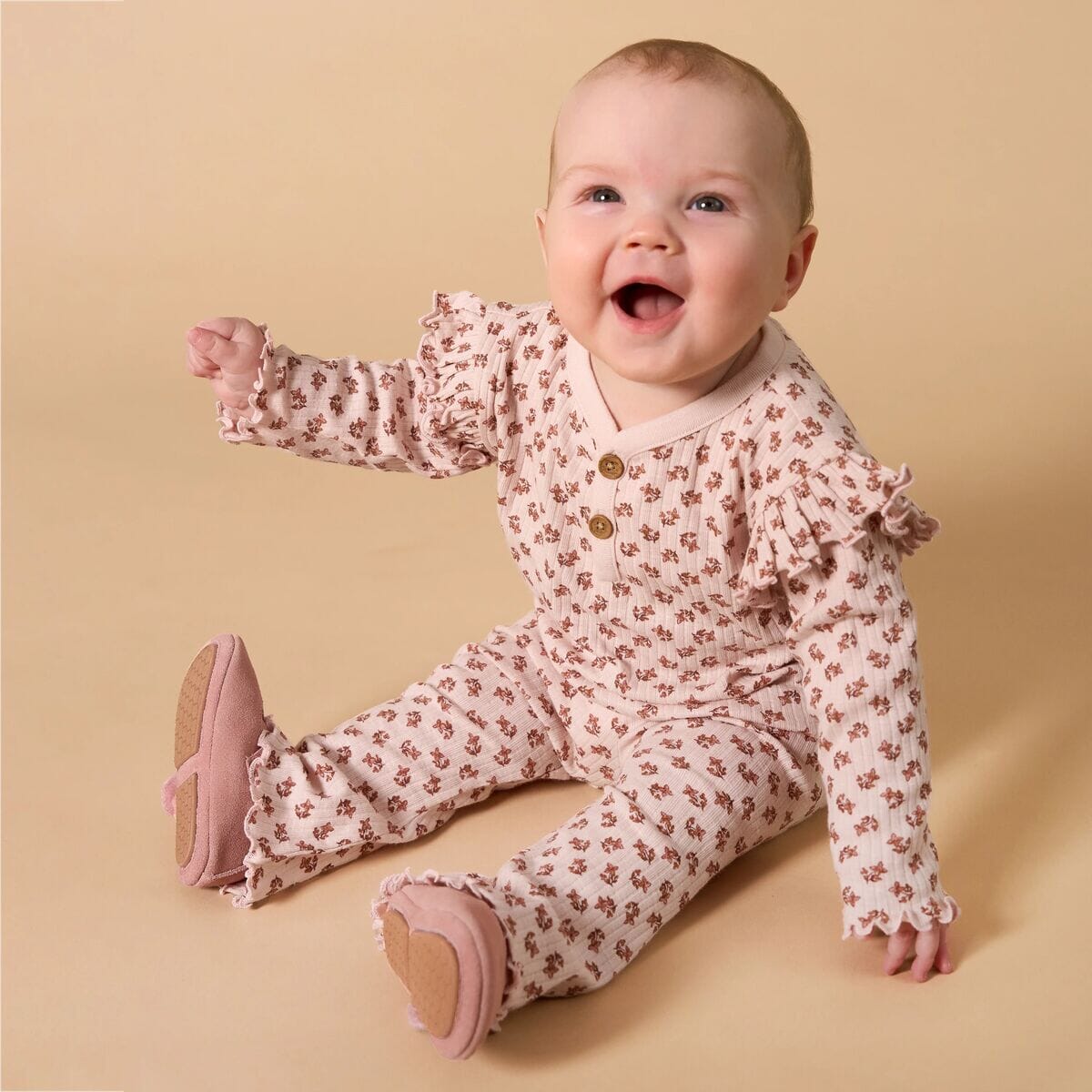 4-Piece Baby Girls Pink Petite Ditsy Henley Ruffle Tops and Pants Set outfits modern moments™ by Gerber® 
