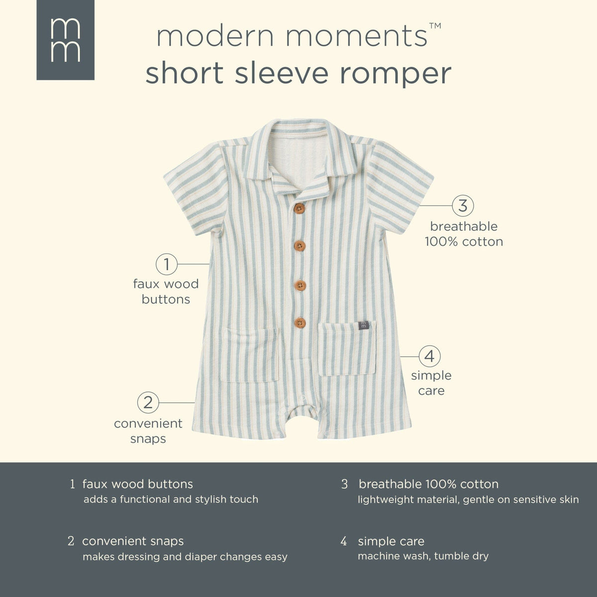 Baby Boys Ivory Teal Stripe Collared Short Sleeve Romper rompers Modern Moments™ by Gerber® 