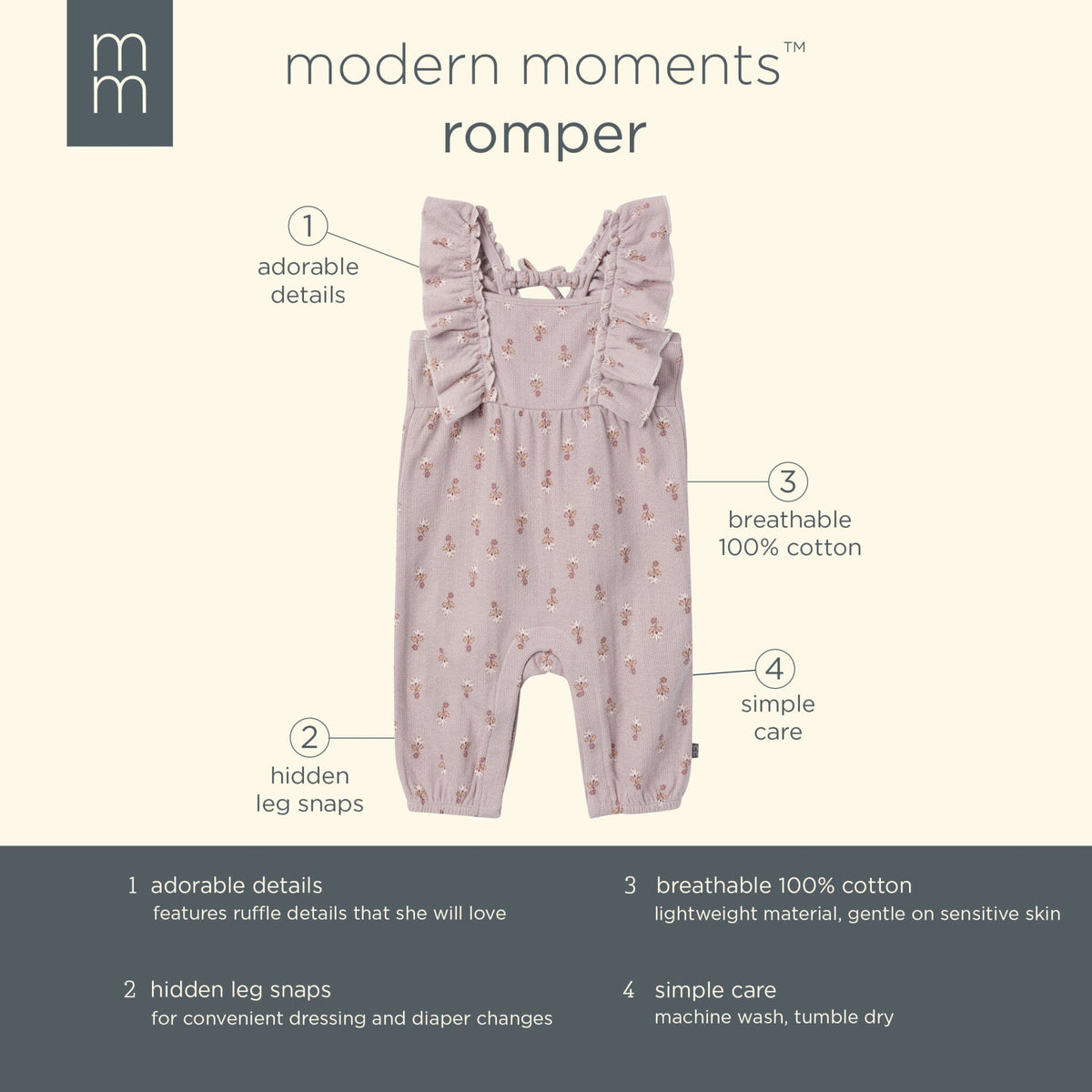 Baby Girls Light Lilac Stamp Fleur Ruffles Long Leg Romper rompers Modern Moments™ by Gerber® 