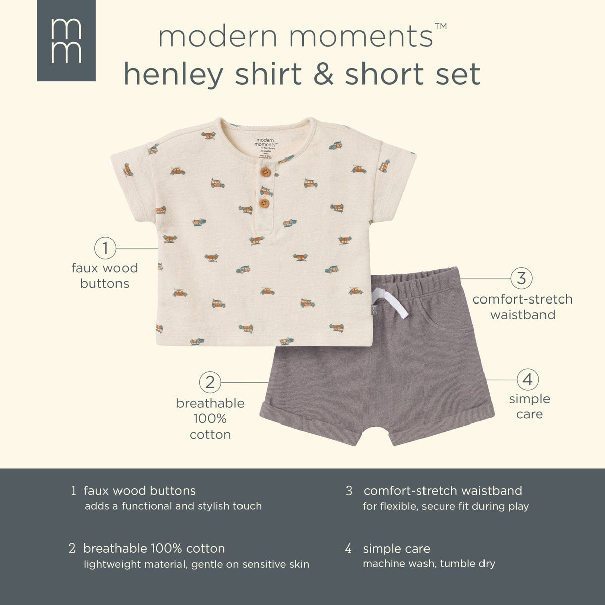 2-Piece Baby Boys Beige Beach Buggys Henley Shirt and Shorts Set outfits Modern Moments™ by Gerber® 