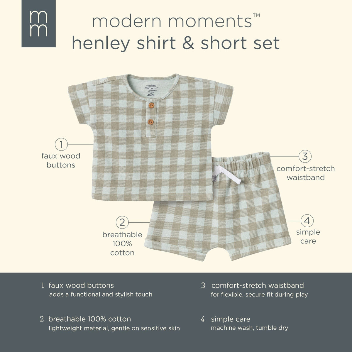 2-Piece Baby Boys Light Sky Gingham Henley Shirt and Shorts Set outfits Modern Moments™ by Gerber® 