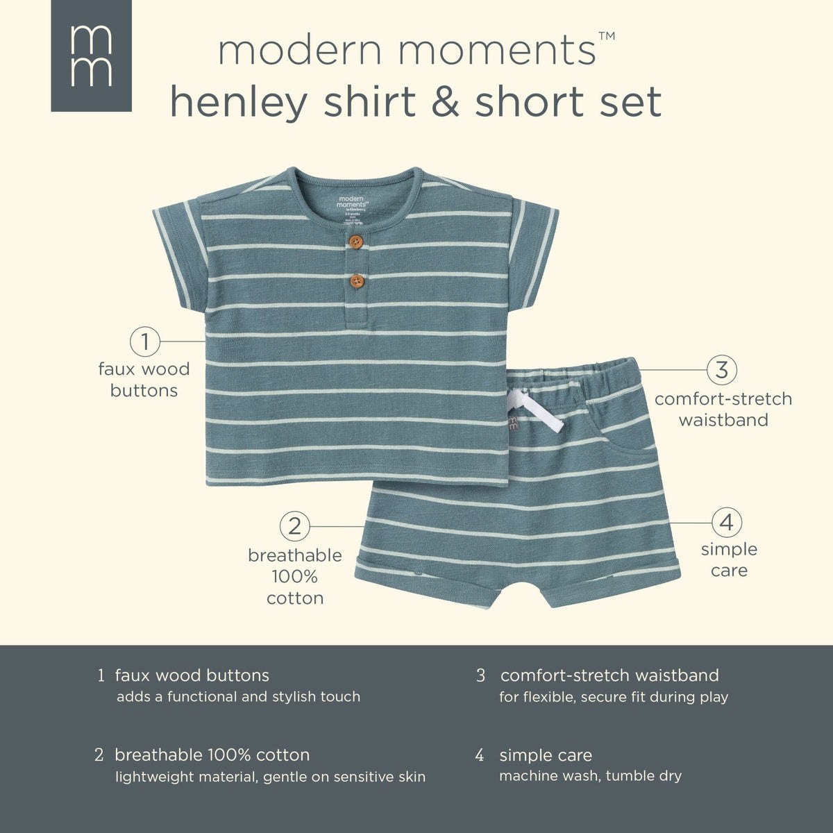 2-Piece Baby Boys Medium Teal Stripe Henley Shirt and Shorts Set outfits Modern Moments™ by Gerber® 