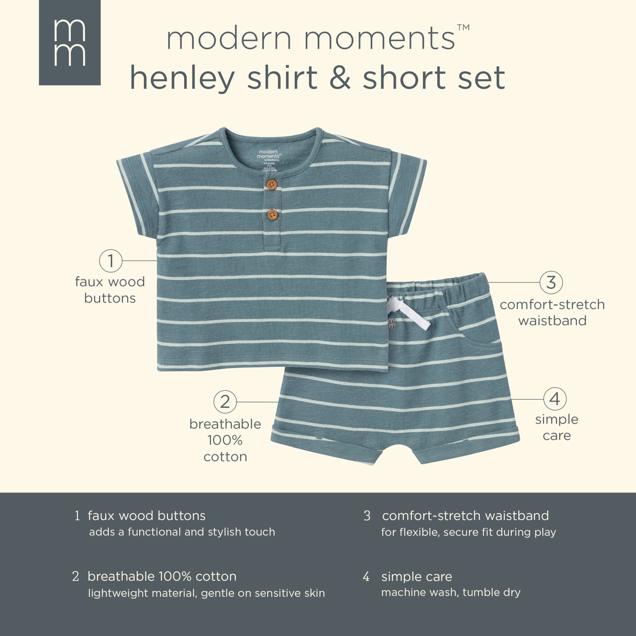 2-Piece Baby Boys Medium Teal Stripe Henley Shirt and Shorts Set outfits Modern Moments™ by Gerber® 