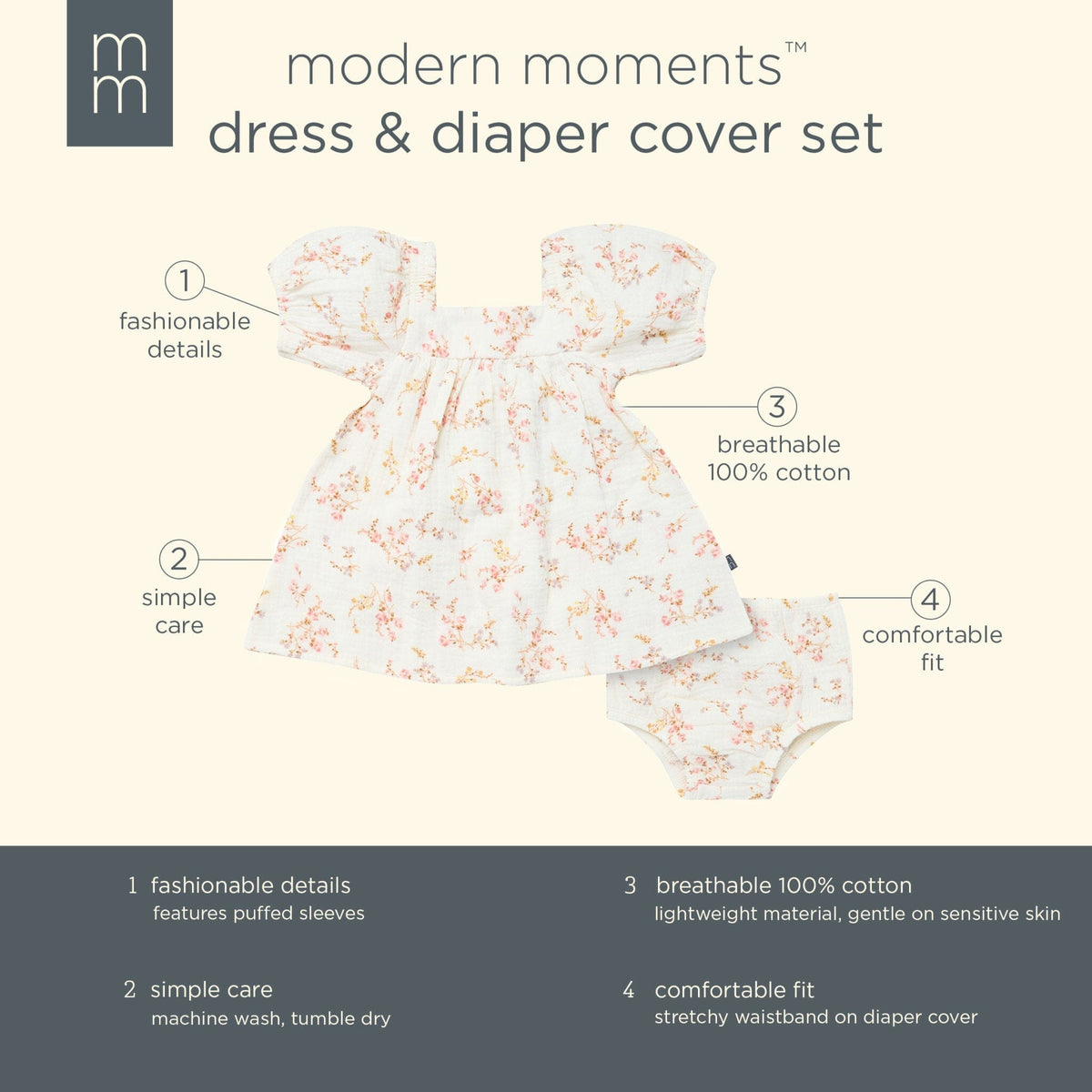 2-Piece Baby Girls Ivory Bunches Floral Puffed Sleeve Dress and Diaper Cover Set dresses Modern Moments™ by Gerber® 