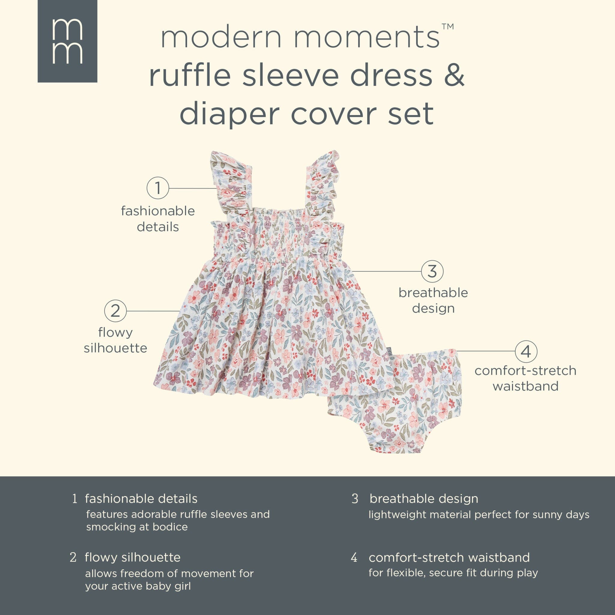 2-Piece Baby Girls Ivory Garden Ruffle Sleeve Dress and Diaper Cover Set dresses Modern Moments™ by Gerber® 