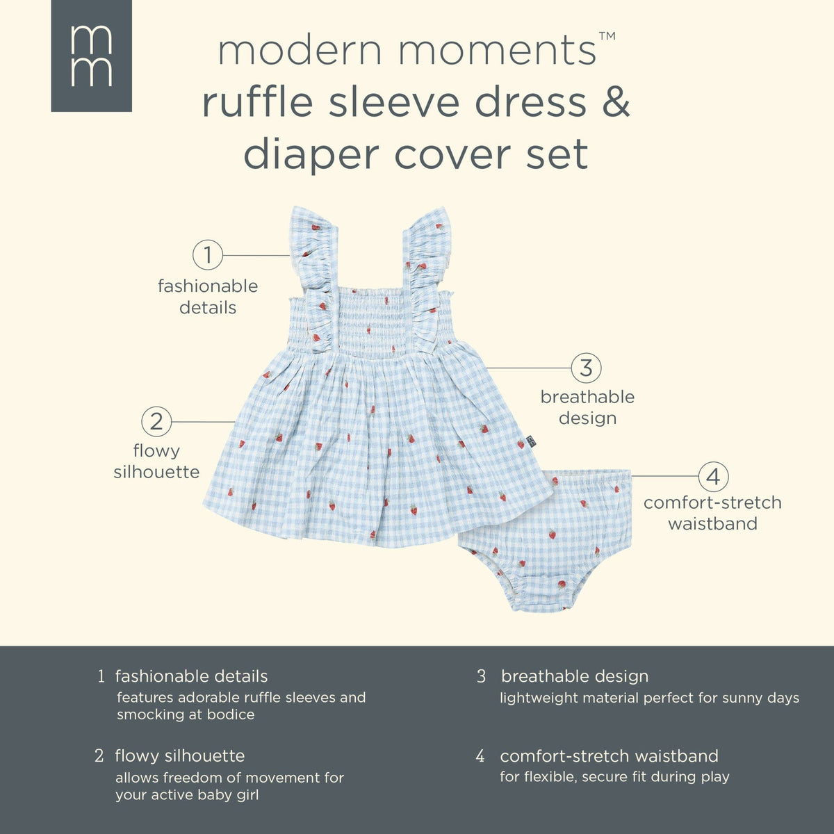 2-Piece Baby Girls Ivory Strawberry Gingham Ruffle Sleeve Dress and Diaper Cover Set dresses Modern Moments™ by Gerber® 