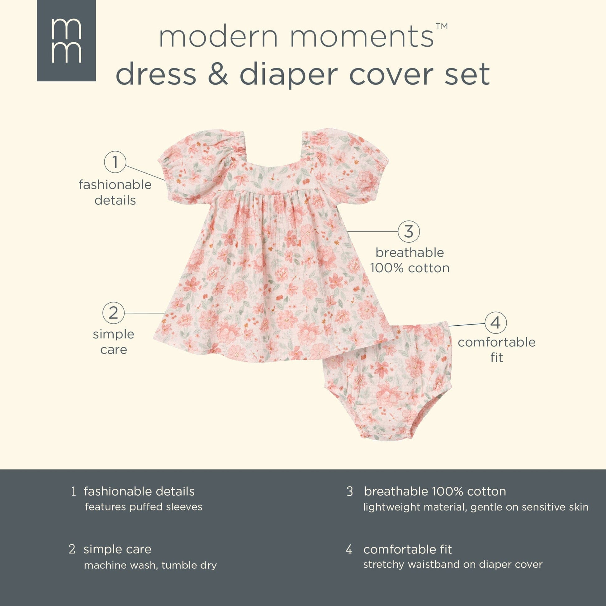 2-Piece Baby Girls Light Rose Watercolor Floral Puffed Sleeve Dress and Diaper Cover Set dresses Modern Moments™ by Gerber® 