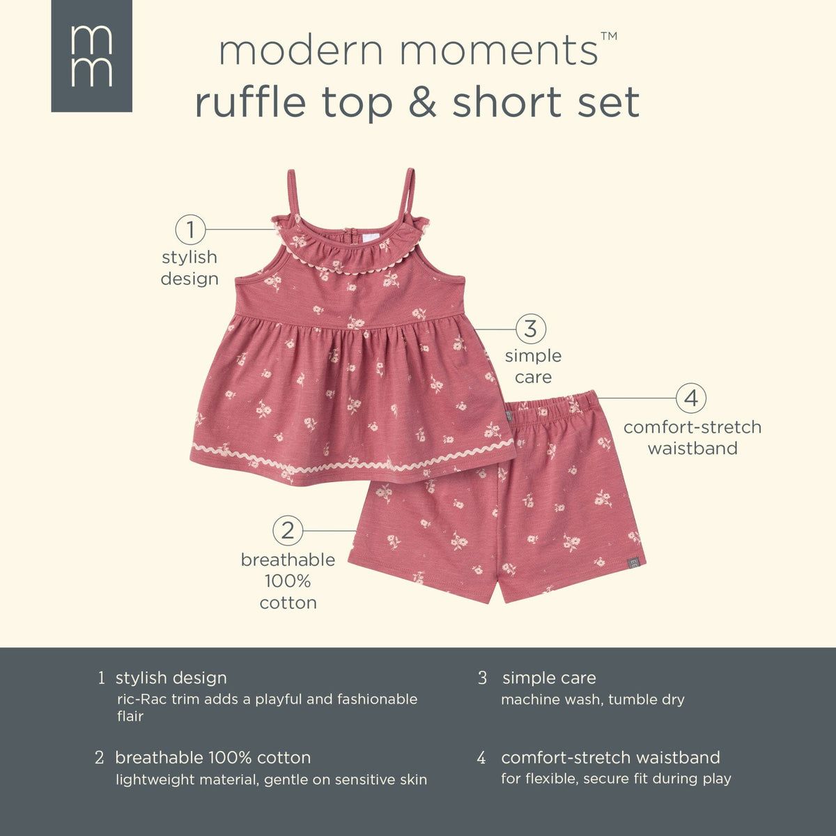 2-Piece Infant & Toddler Girls Medium Rose Bouquet Ruffle Top and Shorts Set outfits Modern Moments™ by Gerber® 