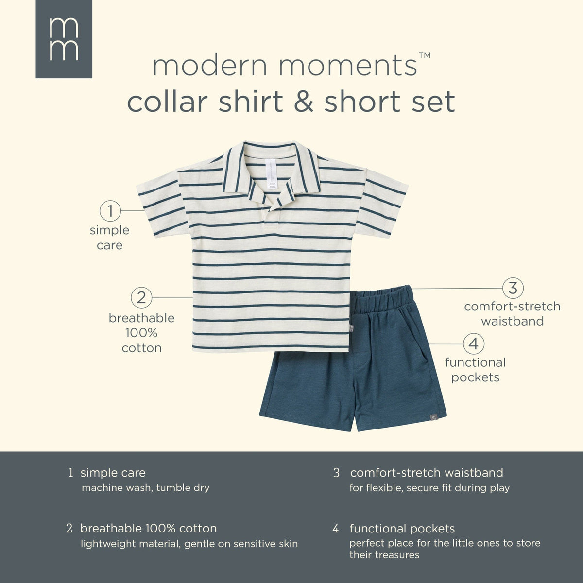 2-Piece Toddler Boys Ivory Stripe Johnny Collar and Shorts Set outfits Modern Moments™ by Gerber® 