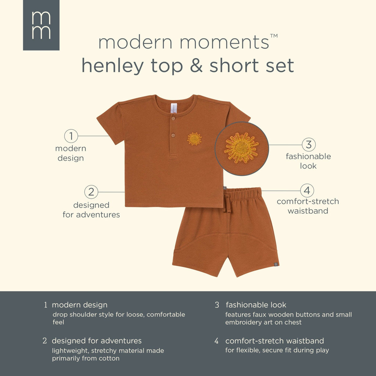 2-Piece Toddler Boys Medium Brown Henley Shirt and Shorts Set outfits Modern Moments™ by Gerber® 