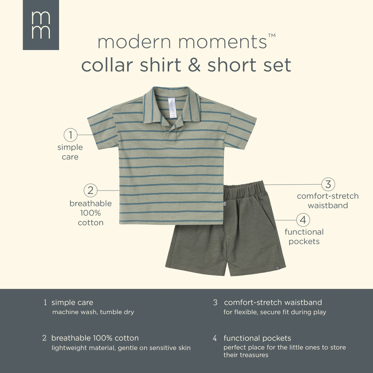 2-Piece Toddler Boys Medium Green Stripe Johnny Collar and Shorts Set outfits Modern Moments™ by Gerber® 