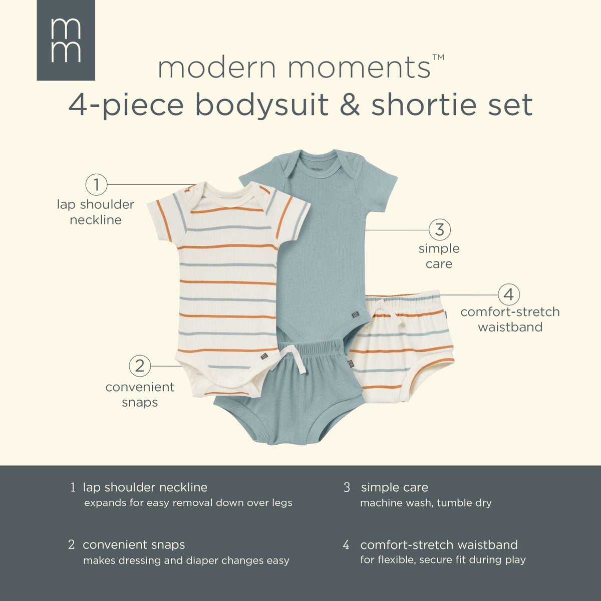 4-Pack Baby Boys Ivory Stripe/Medium Teal Short Sleeve Bodysuit and Shorts Set outfits Modern Moments™ by Gerber® 