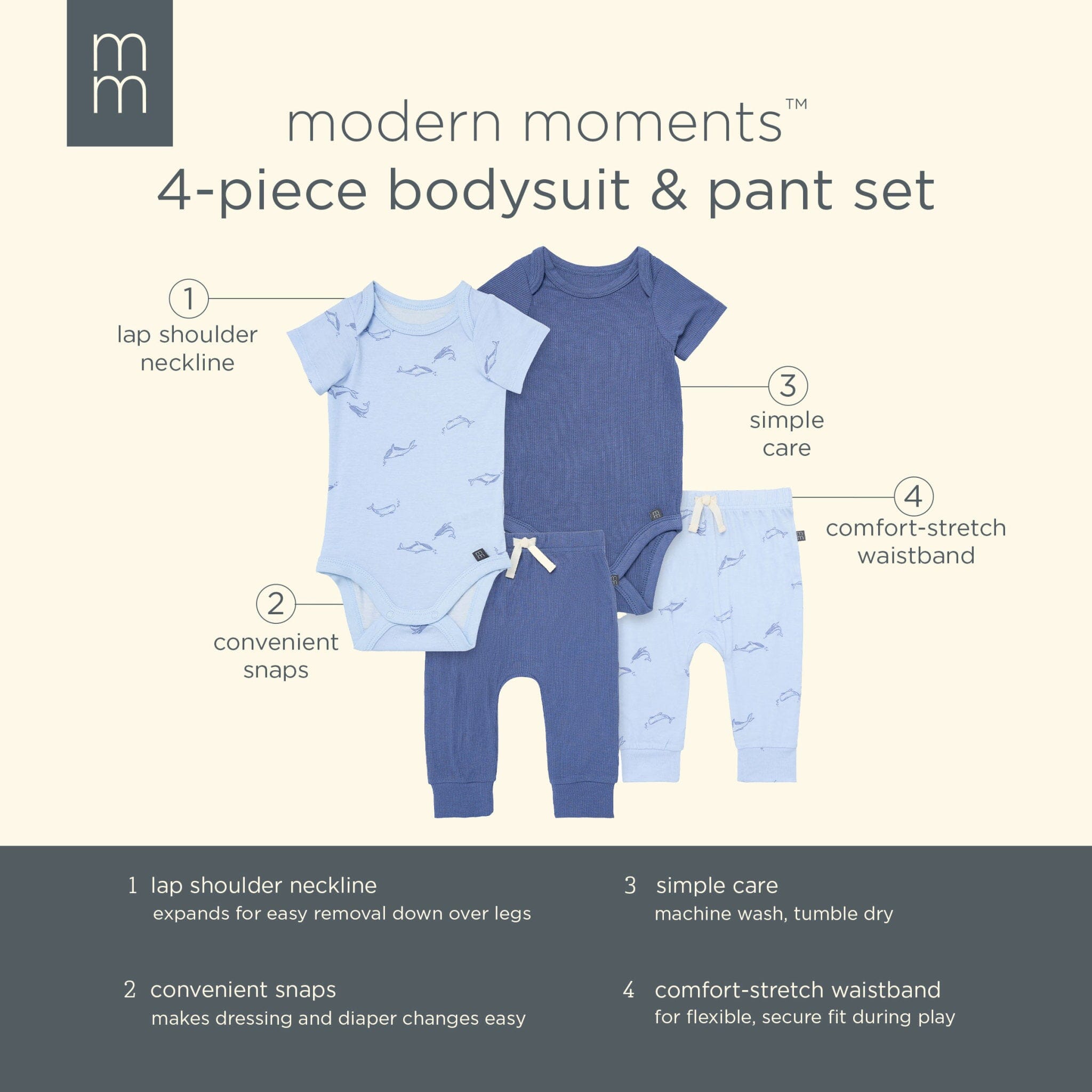 4-Pack Baby Boys Light Blue Whale Bodysuit and Pant Set outfits Modern Moments™ by Gerber® 