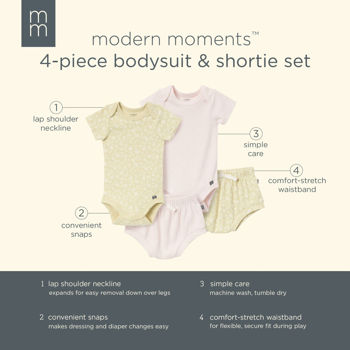 4-Pack Baby Girls Dusty Yellow Floral/Light Rose Short Sleeve Bodysuit and Shorts Set outfits Modern Moments™ by Gerber® 