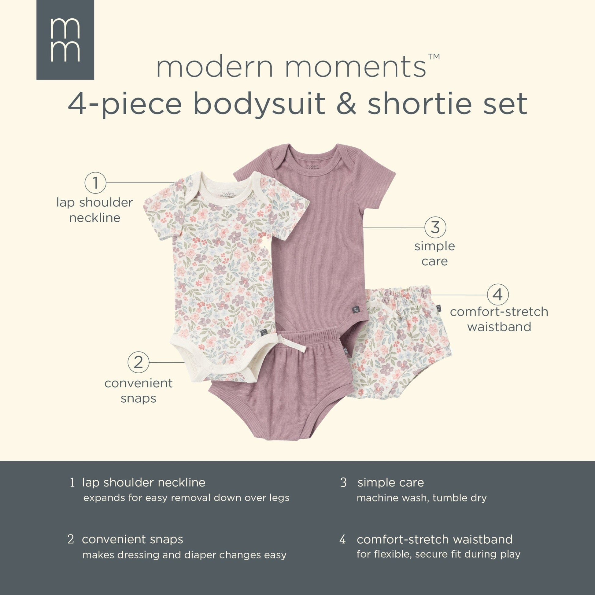 4-Pack Baby Girls Ivory Garden/Medium Lilac Short Sleeve Bodysuit and Shorts Set outfits Modern Moments™ by Gerber® 