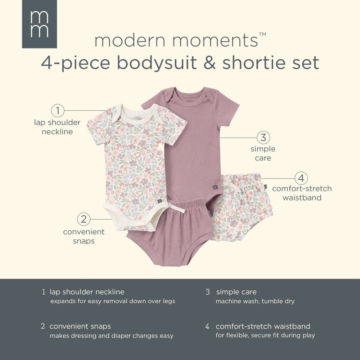 4-Pack Baby Girls Ivory Garden/Medium Lilac Short Sleeve Bodysuit and Shorts Set outfits Modern Moments™ by Gerber® 