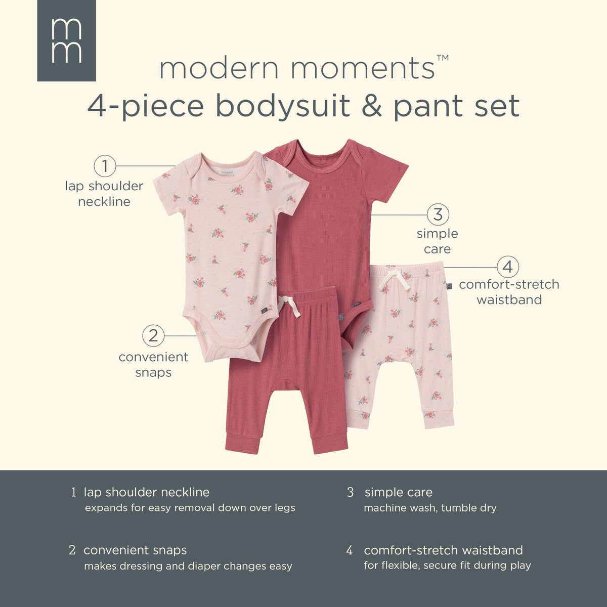 4-Pack Baby Girls Pink Roses Bodysuit and Pant Set outfits Modern Moments™ by Gerber® 