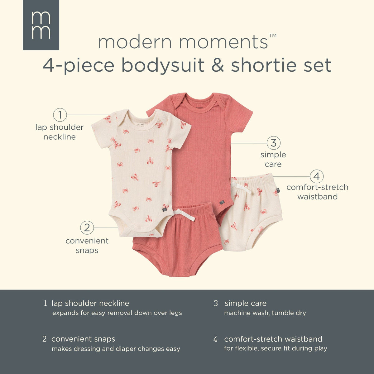 4-Pack Baby Neutral Beige Lobster/Medium Rose Short Sleeve Bodysuit and Shorts Set outfits Modern Moments™ by Gerber® 
