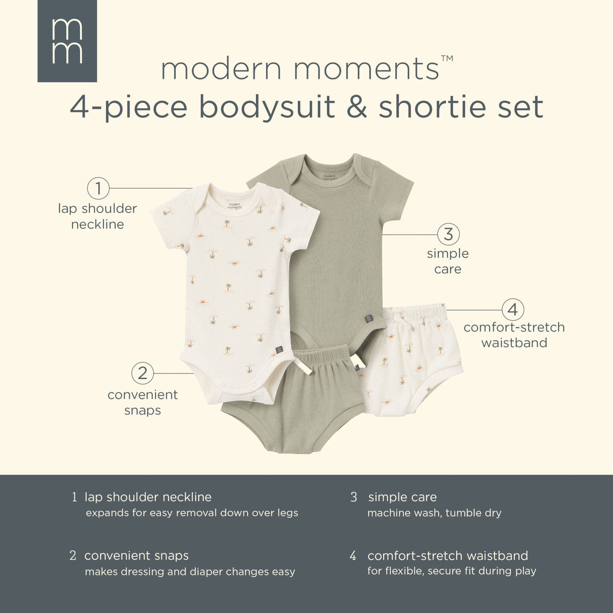 4-Pack Baby Neutral Ivory Mini Island/Medium Green Short Sleeve Bodysuit and Shorts Set outfits Modern Moments™ by Gerber® 