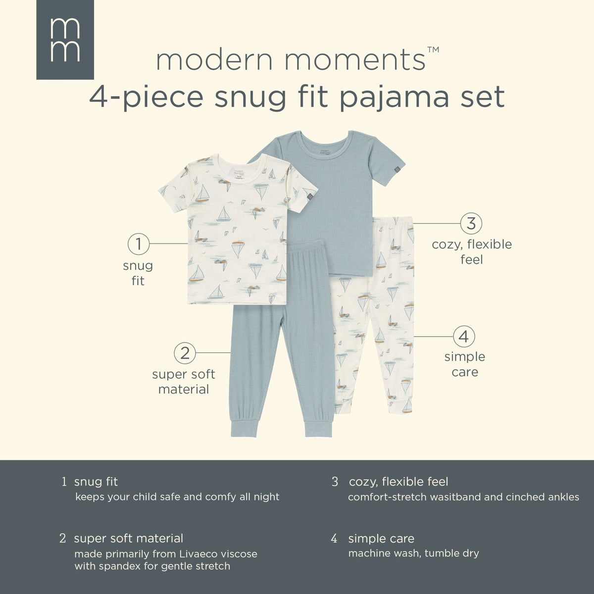 4-Piece Infant & Toddler Boys Ivory Sailing Snug Fitting Pajamas sleepwear Modern Moments™ by Gerber® 