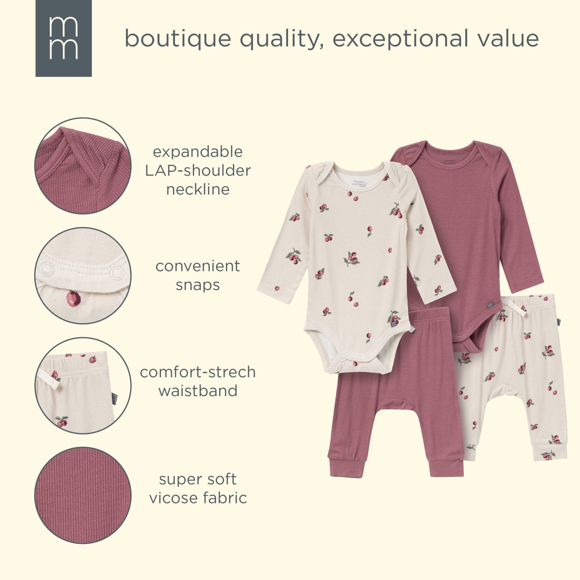 4-Piece Baby Neutral Plums Viscose Bodysuits and Pants Set outfits modern moments™ by Gerber® 