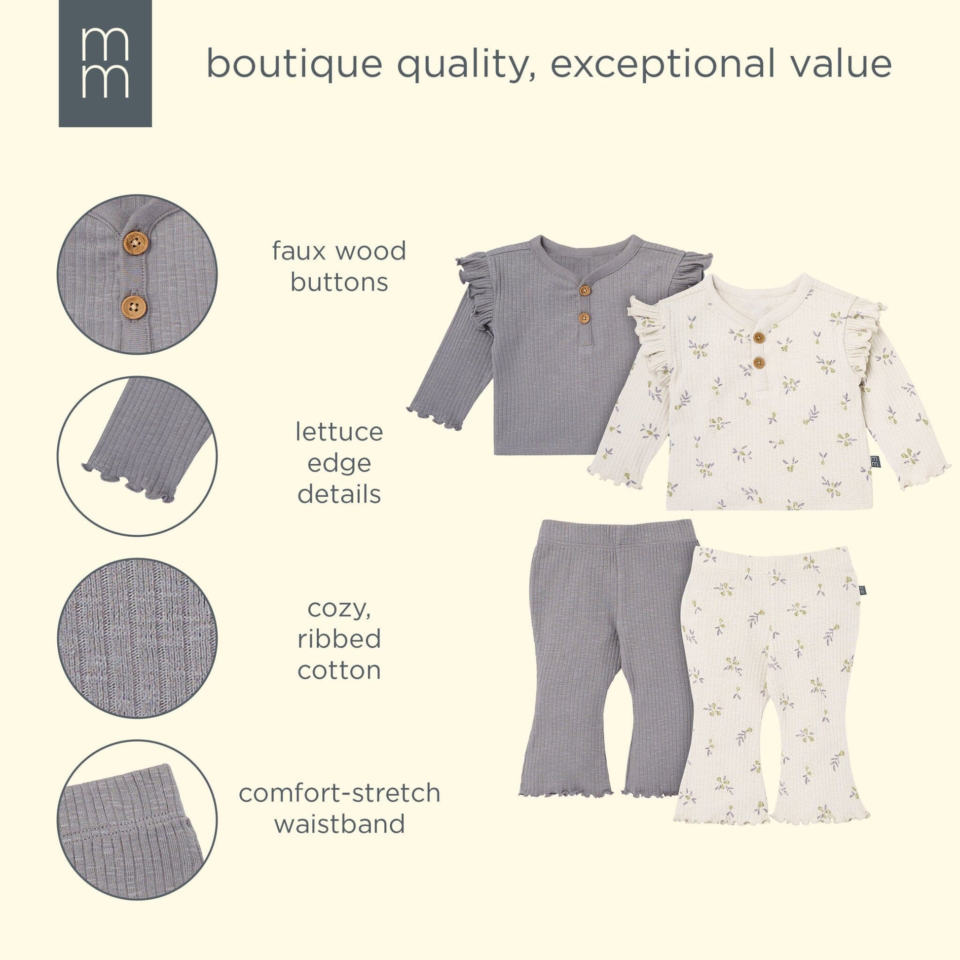 4-Piece Baby Girls Pear Henley Ruffle Tops and Pants Set outfits modern moments™ by Gerber® 