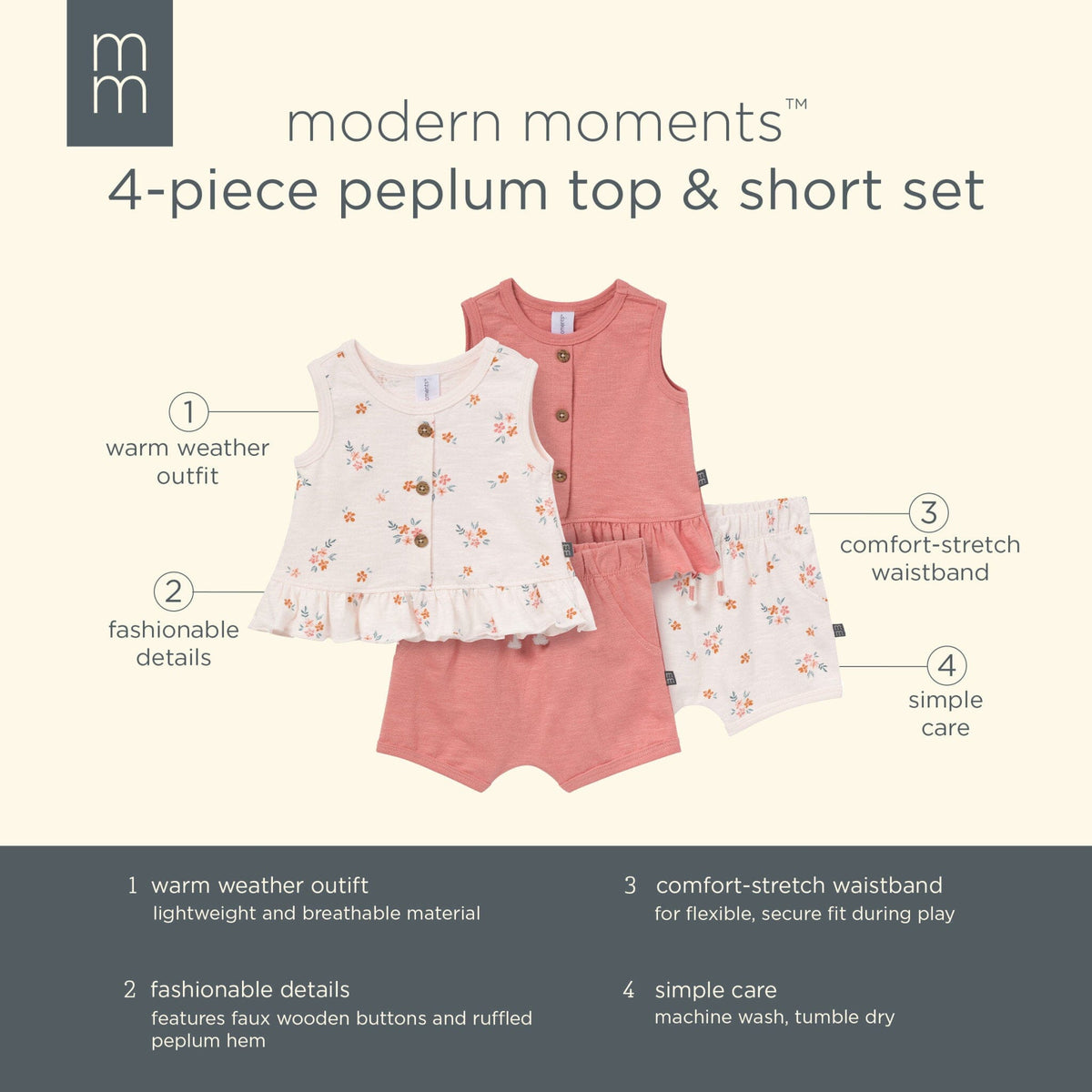 4-Piece Baby Girls Light Rose Flower Bunches/Rose Sleeveless Peplum Tops and Shorts Set outfits Modern Moments™ by Gerber® 