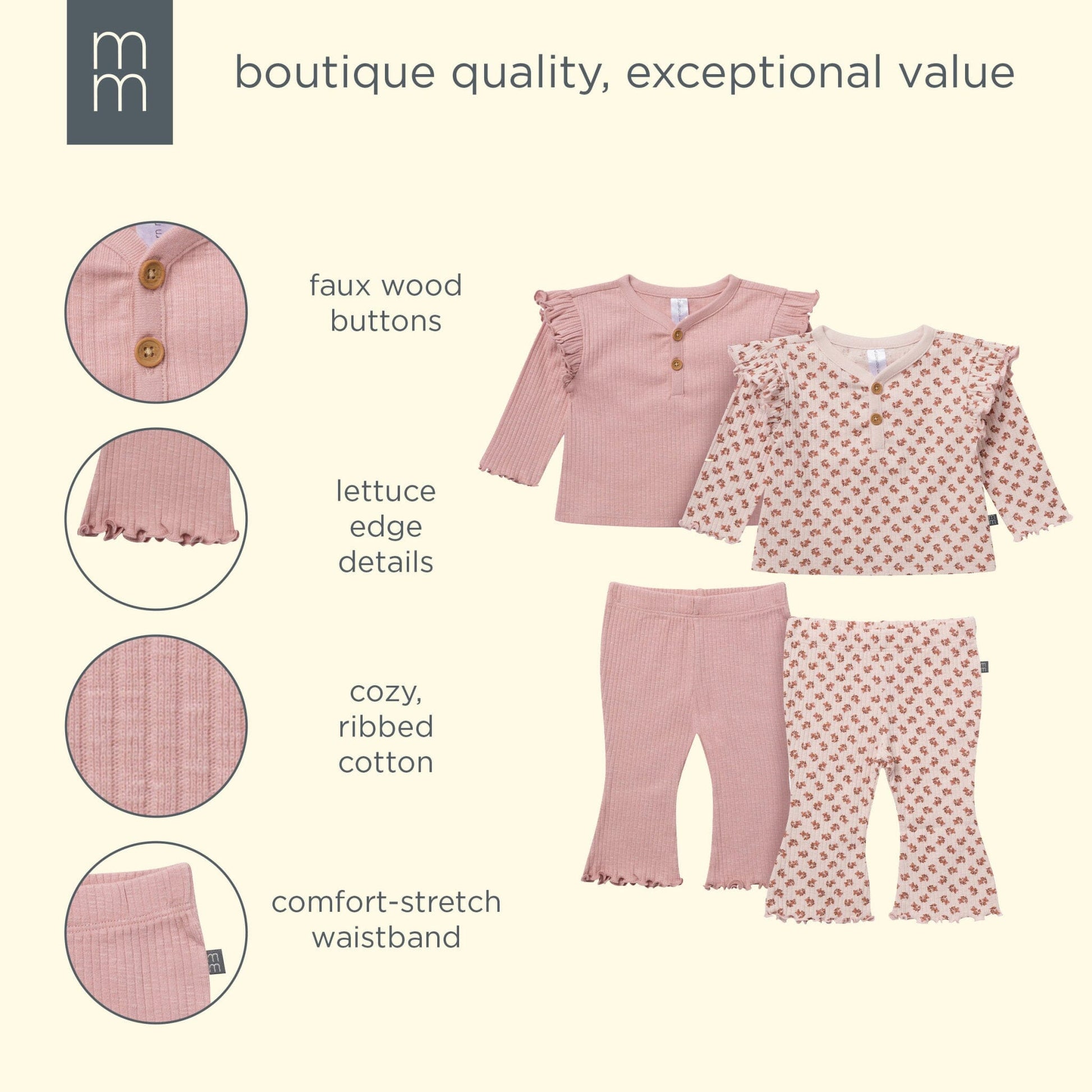 4-Piece Baby Girls Pink Petite Ditsy Henley Ruffle Tops and Pants Set outfits modern moments™ by Gerber® 
