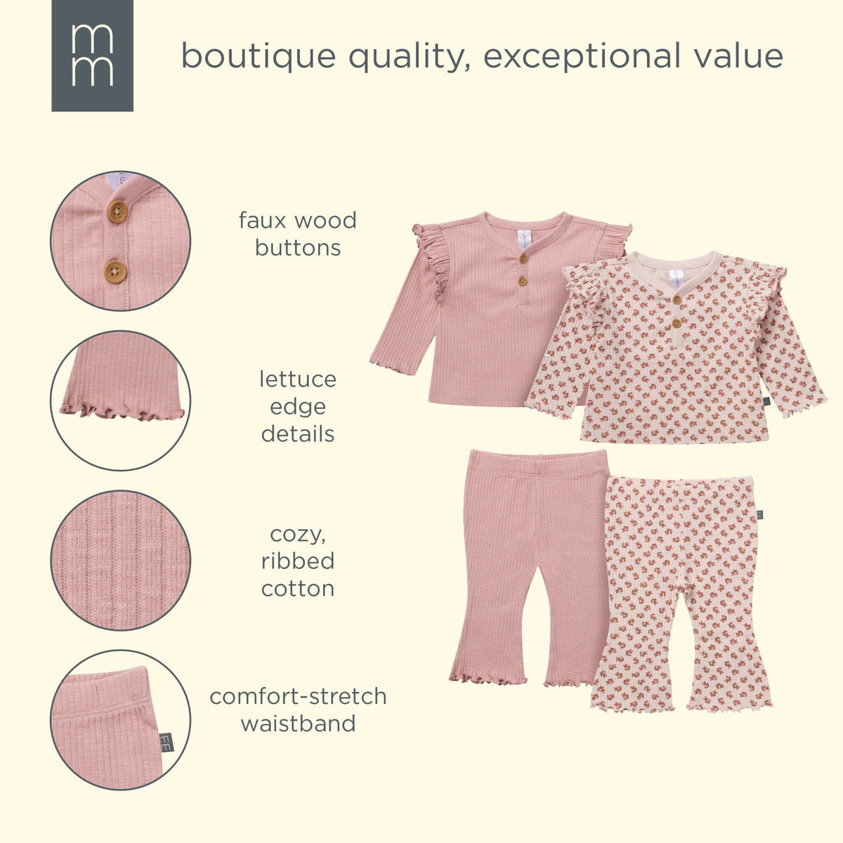 4-Piece Baby Girls Pink Petite Ditsy Henley Ruffle Tops and Pants Set outfits modern moments™ by Gerber® 