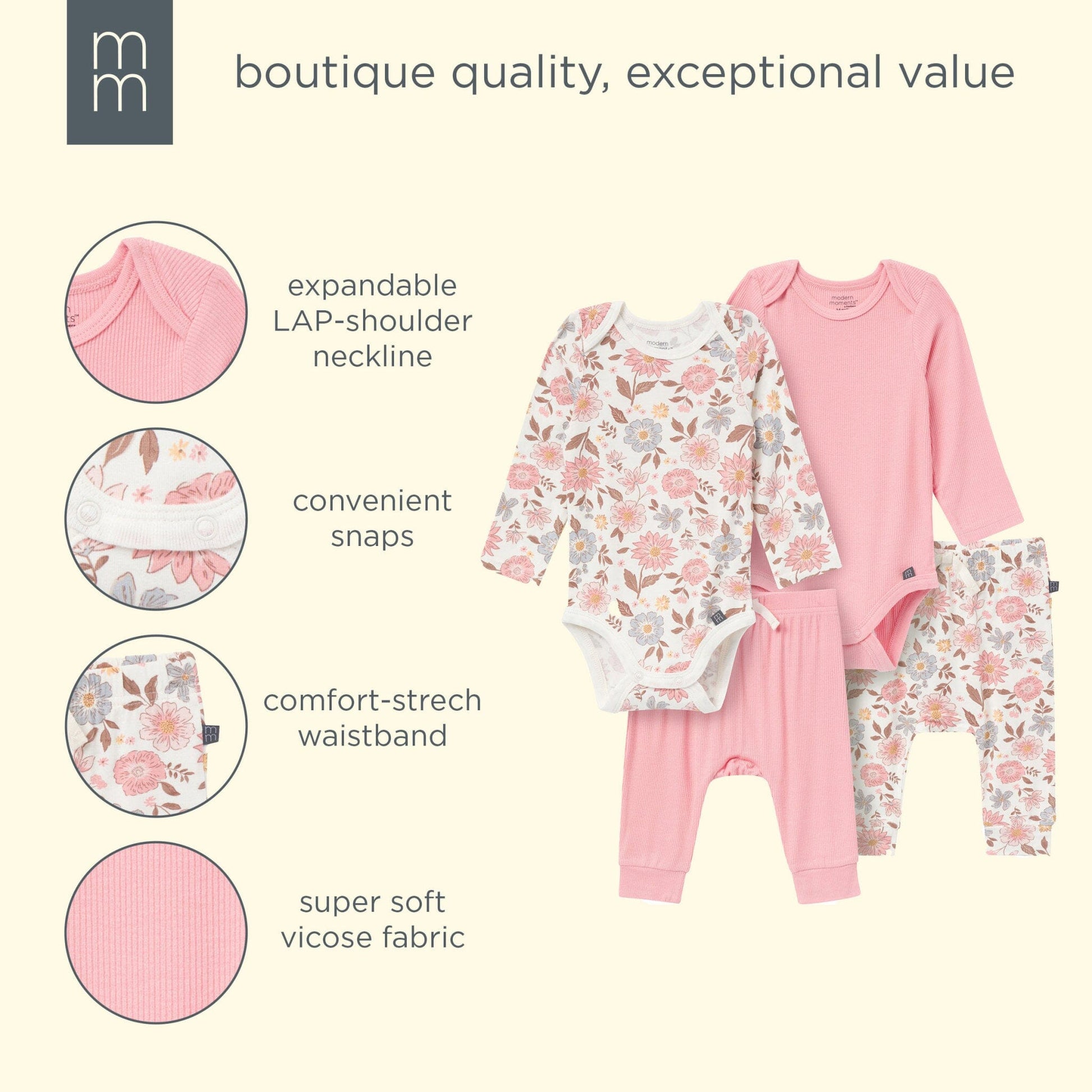 4-Piece Baby Girls Peach Floral Viscose Bodysuits and Pants Set outfits modern moments™ by Gerber® 