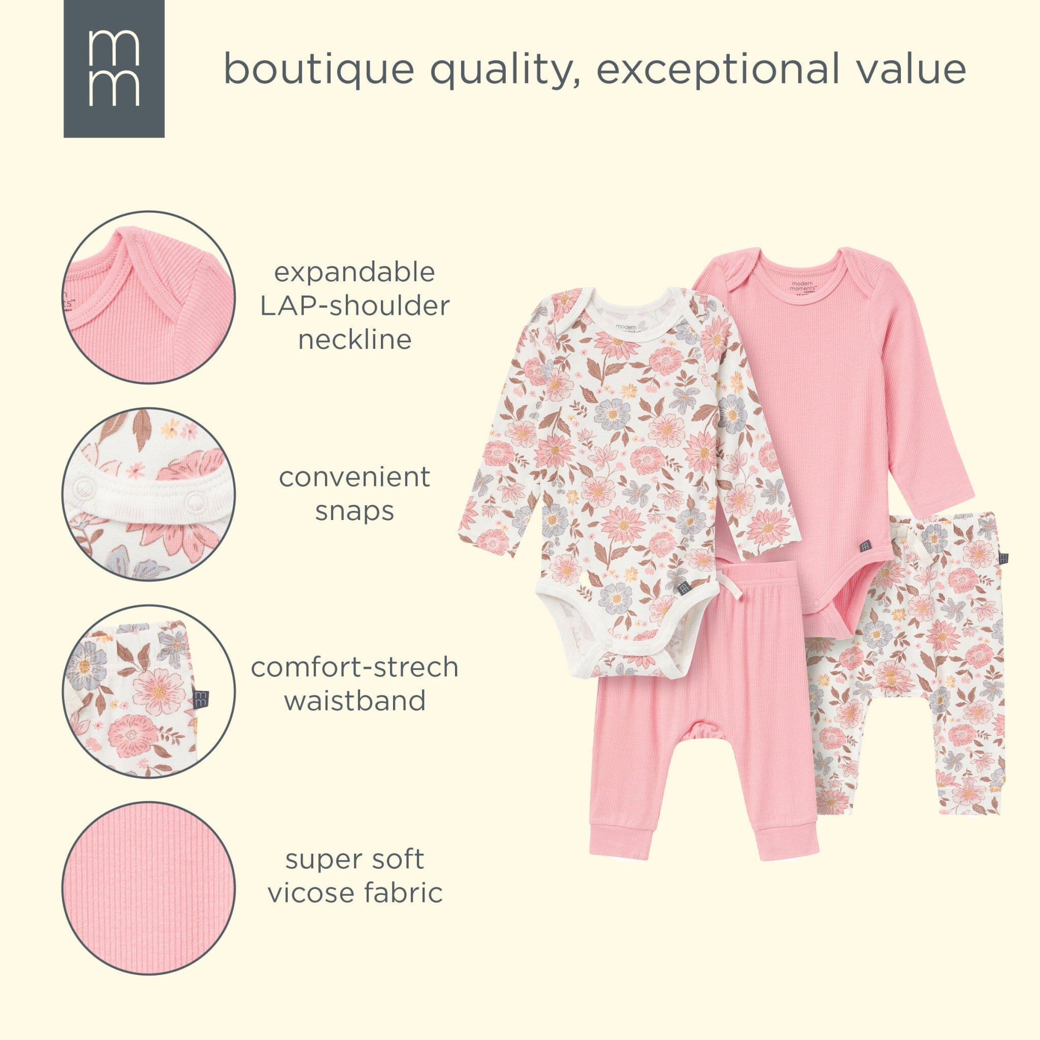 4-Piece Baby Girls Peach Floral Viscose Bodysuits and Pants Set outfits modern moments™ by Gerber® 