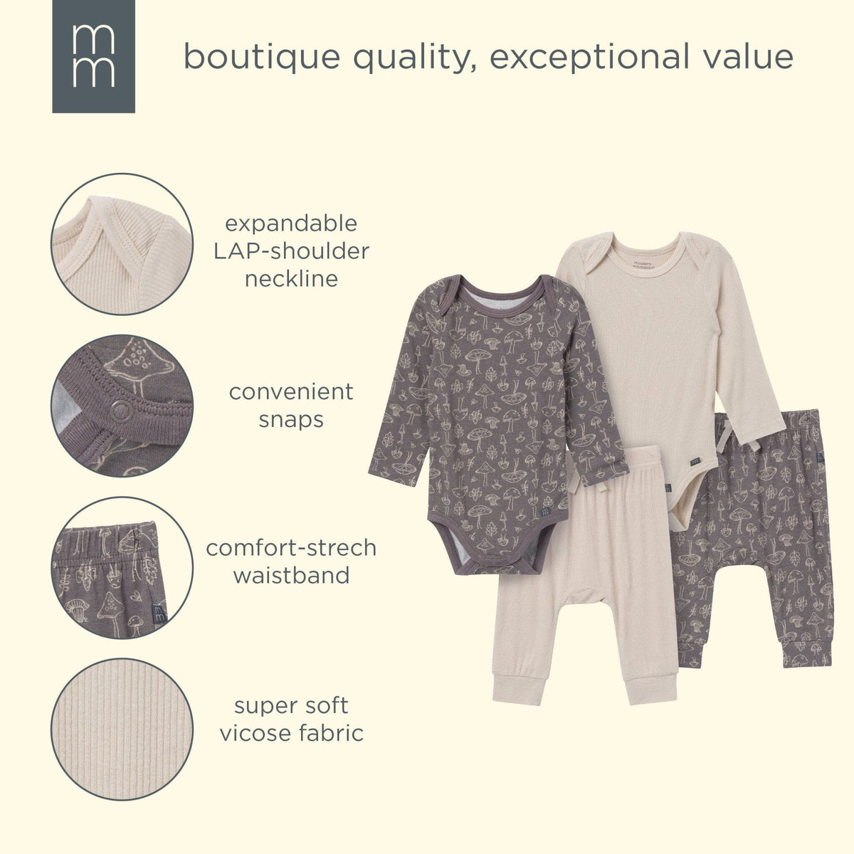 4-Piece Baby Neutral Gray Viscose Bodysuits and Pants Set outfits modern moments™ by Gerber® 