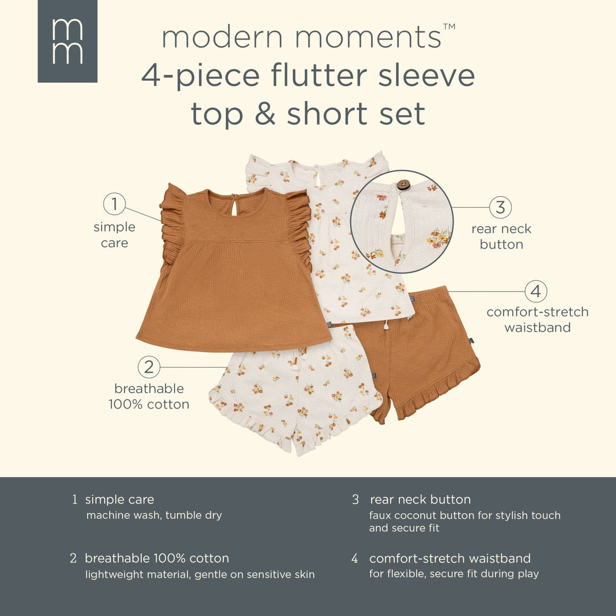 4-Piece Infant & Toddler Girls Beige Flowers Flutter Sleeve Top and Shorts Set outfits Modern Moments™ by Gerber® 