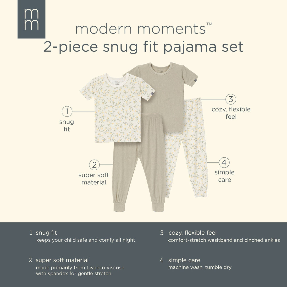 4-Piece Infant & Toddler Girls Ivory Lemon Vine Tight Fitting Pajamas Set sleepwear Modern Moments™ by Gerber® 
