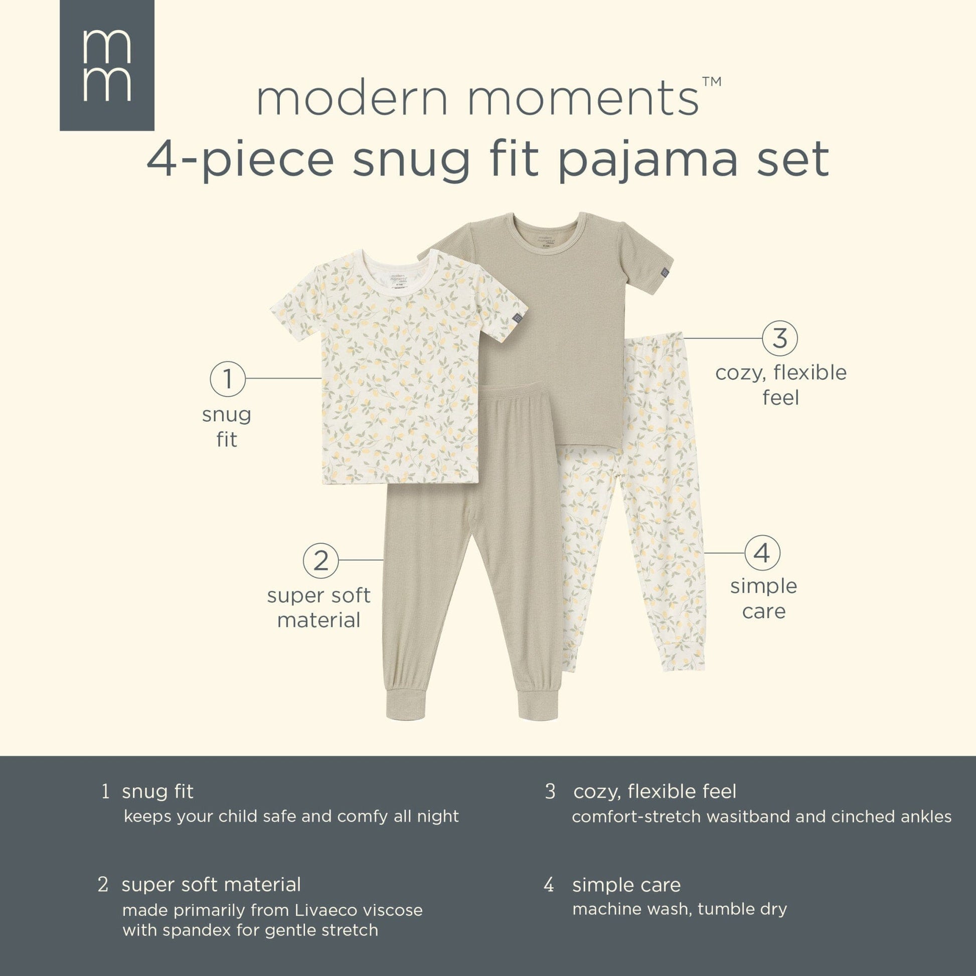 4-Piece Infant & Toddler Girls Lemon Vines Snug Fitting Pajamas sleepwear Modern Moments™ by Gerber® 