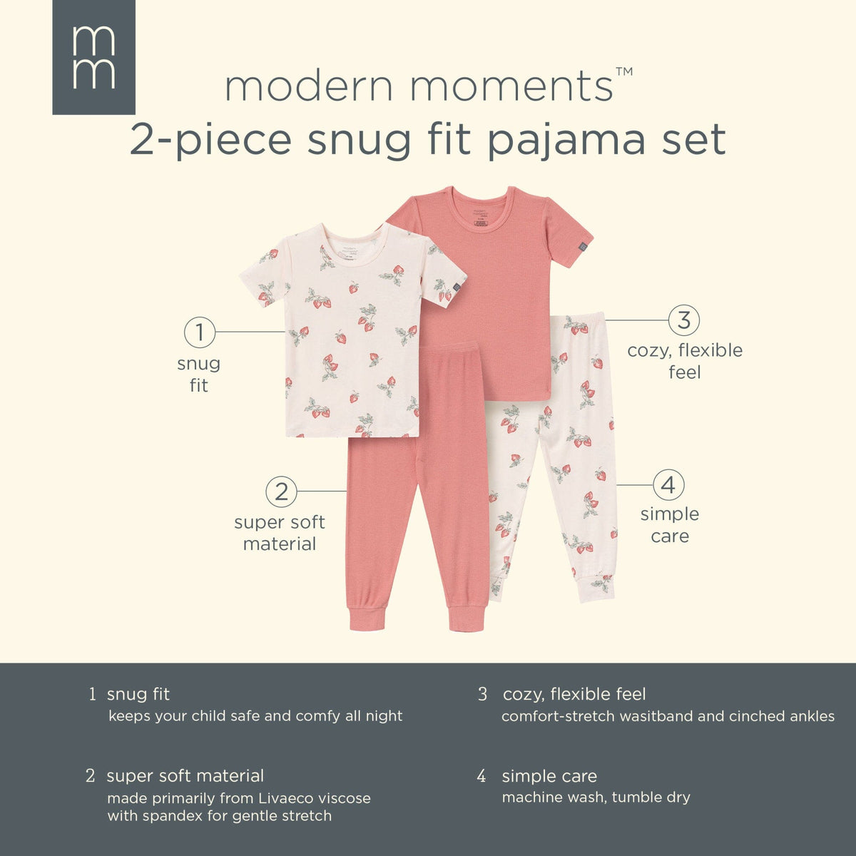 4-Piece Infant & Toddler Girls Light Rose Strawberry Tight Fitting Pajamas Set sleepwear Modern Moments™ by Gerber® 