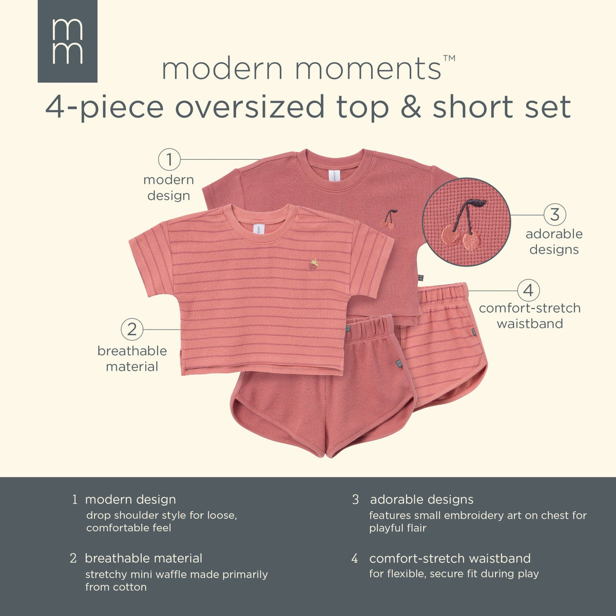 4-Piece Infant & Toddler Girls Medium Rose Stripe Drop Shoulder Top and Shorts Set outfits Modern Moments™ by Gerber® 
