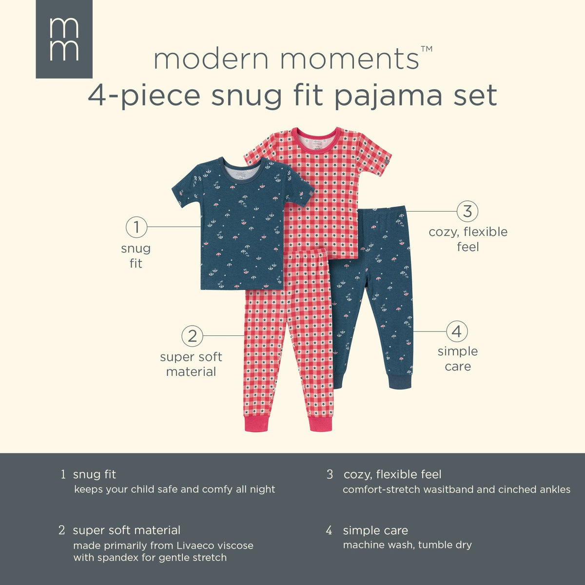 4-Piece Infant & Toddler Neutral Blue Umbrella Snug Fitting Pajamas sleepwear Modern Moments™ by Gerber® 