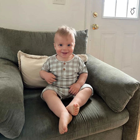 2-Piece Baby Boys Light Sky Gingham Henley Shirt and Shorts Set