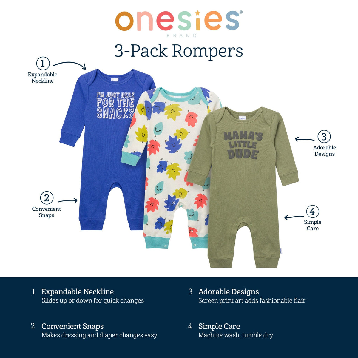3-Pack Baby Boys Little Dude Lap Shoulder Rompers rompers Onesies® Brand 