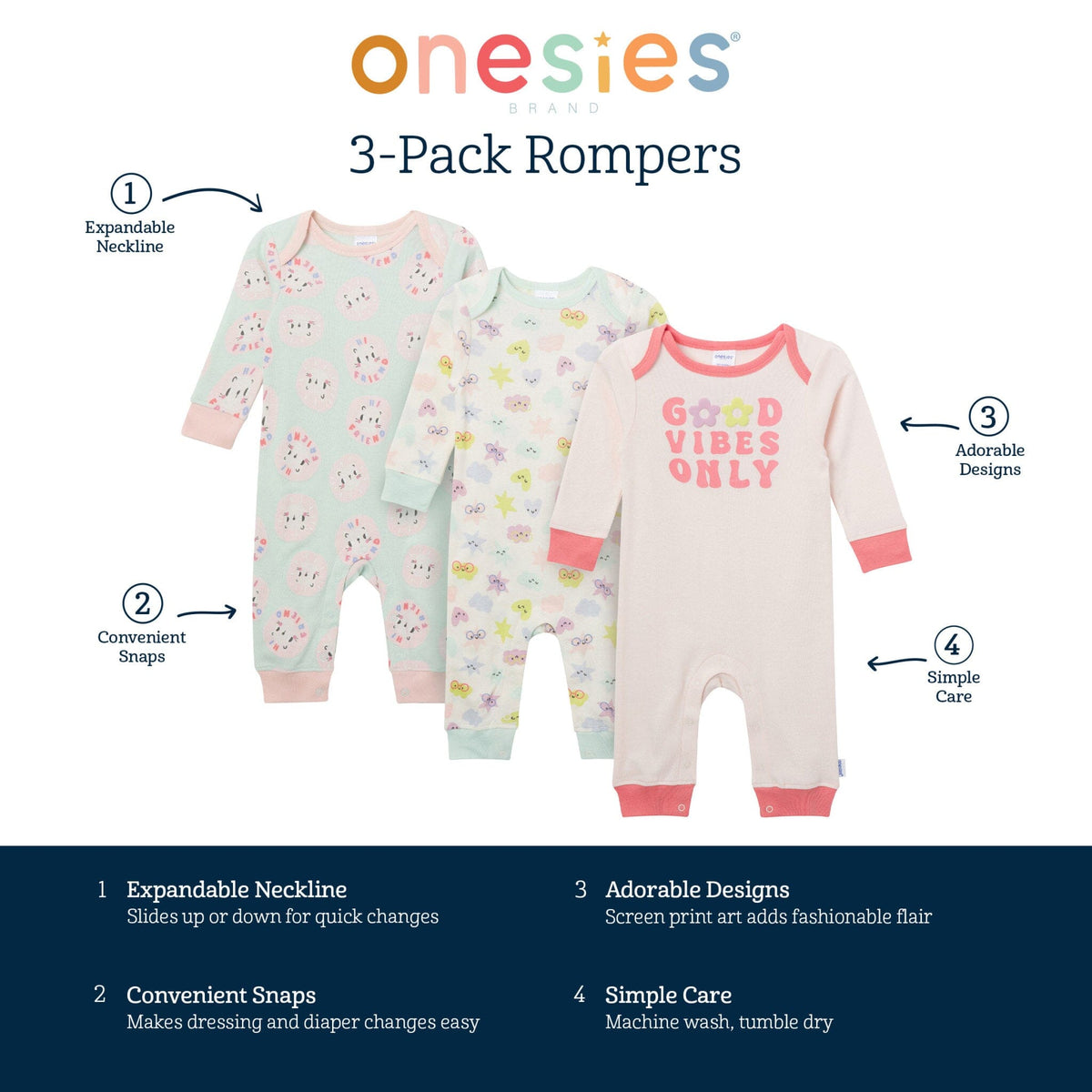3-Pack Baby Girls Good Vibes Lap Shoulder Rompers rompers Onesies® Brand 