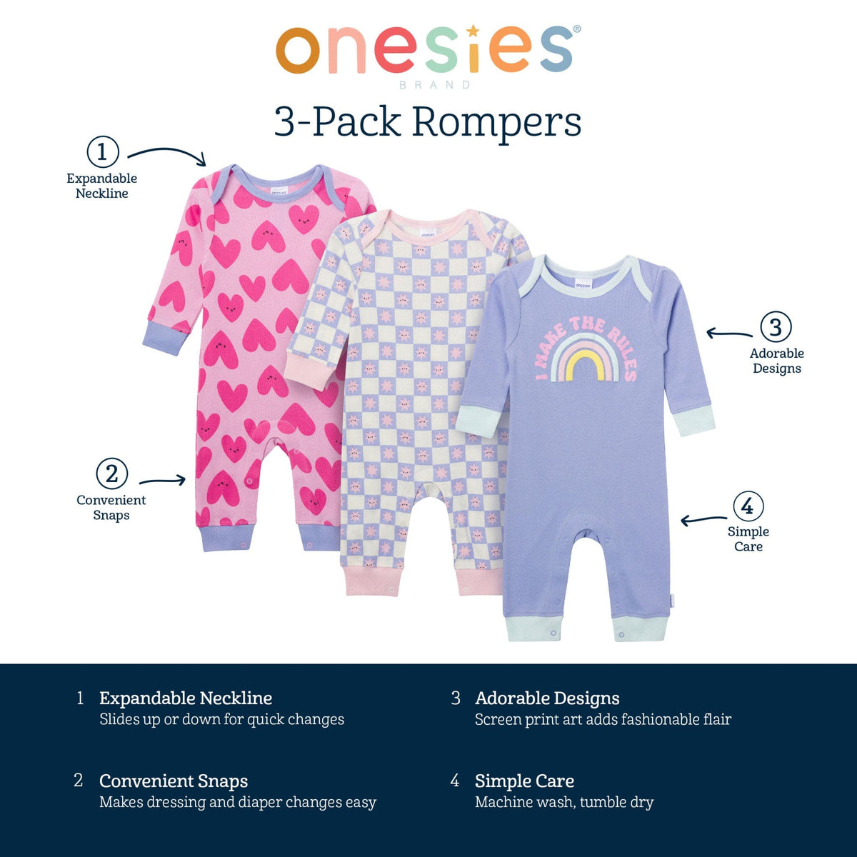 3-Pack Baby Girls Rainbows and Hearts Lap Shoulder Rompers rompers Onesies® Brand 