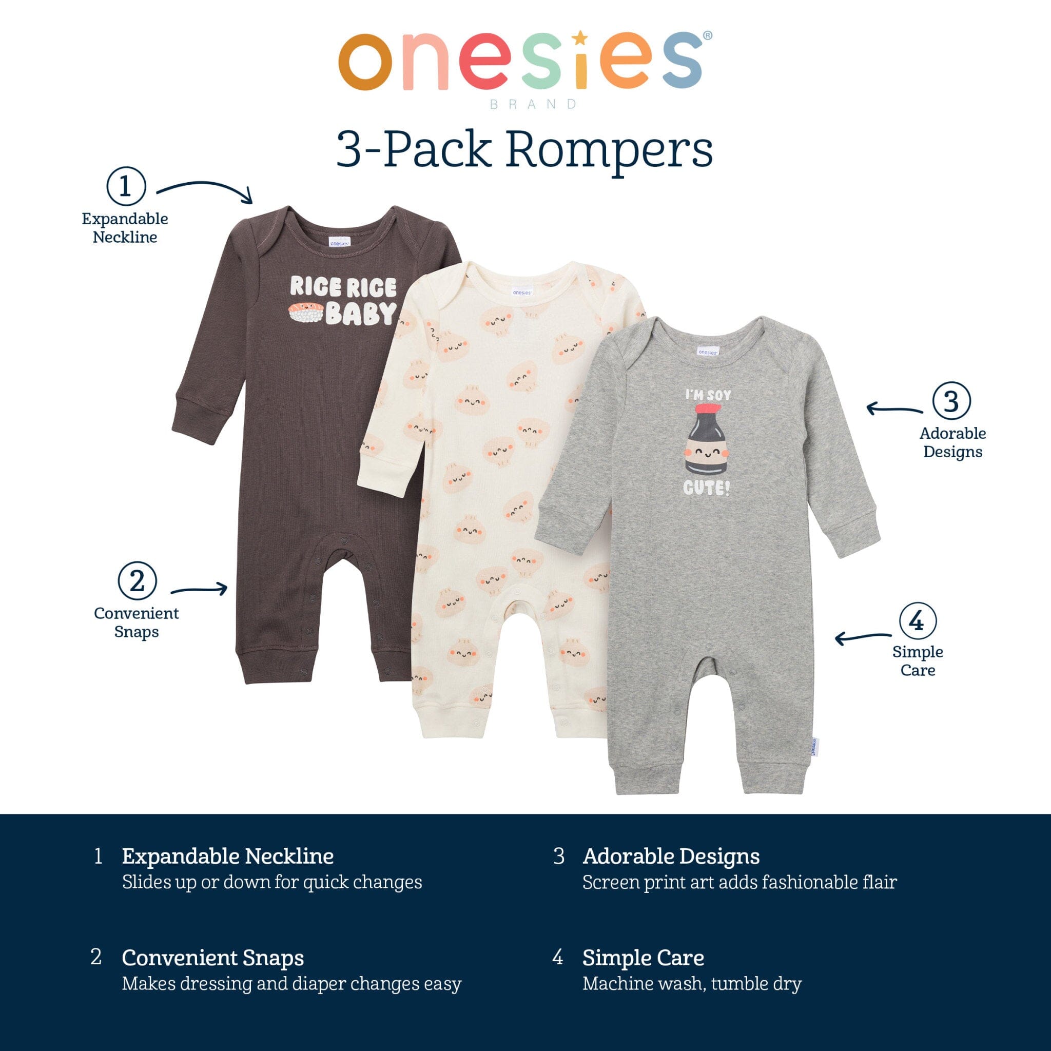 3-Pack Baby Neutral Soy Cute Lap Shoulder Rompers rompers Onesies® Brand 