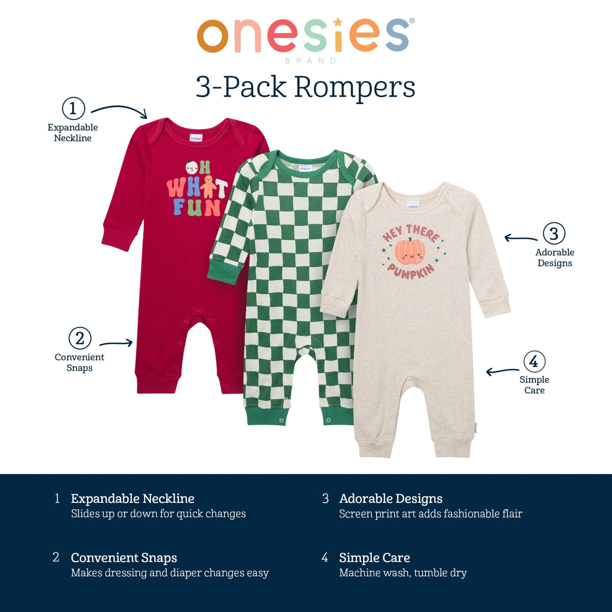 3-Pack Baby Neutral What Fun Pumpkin Lap Shoulder Rompers rompers Onesies® Brand 