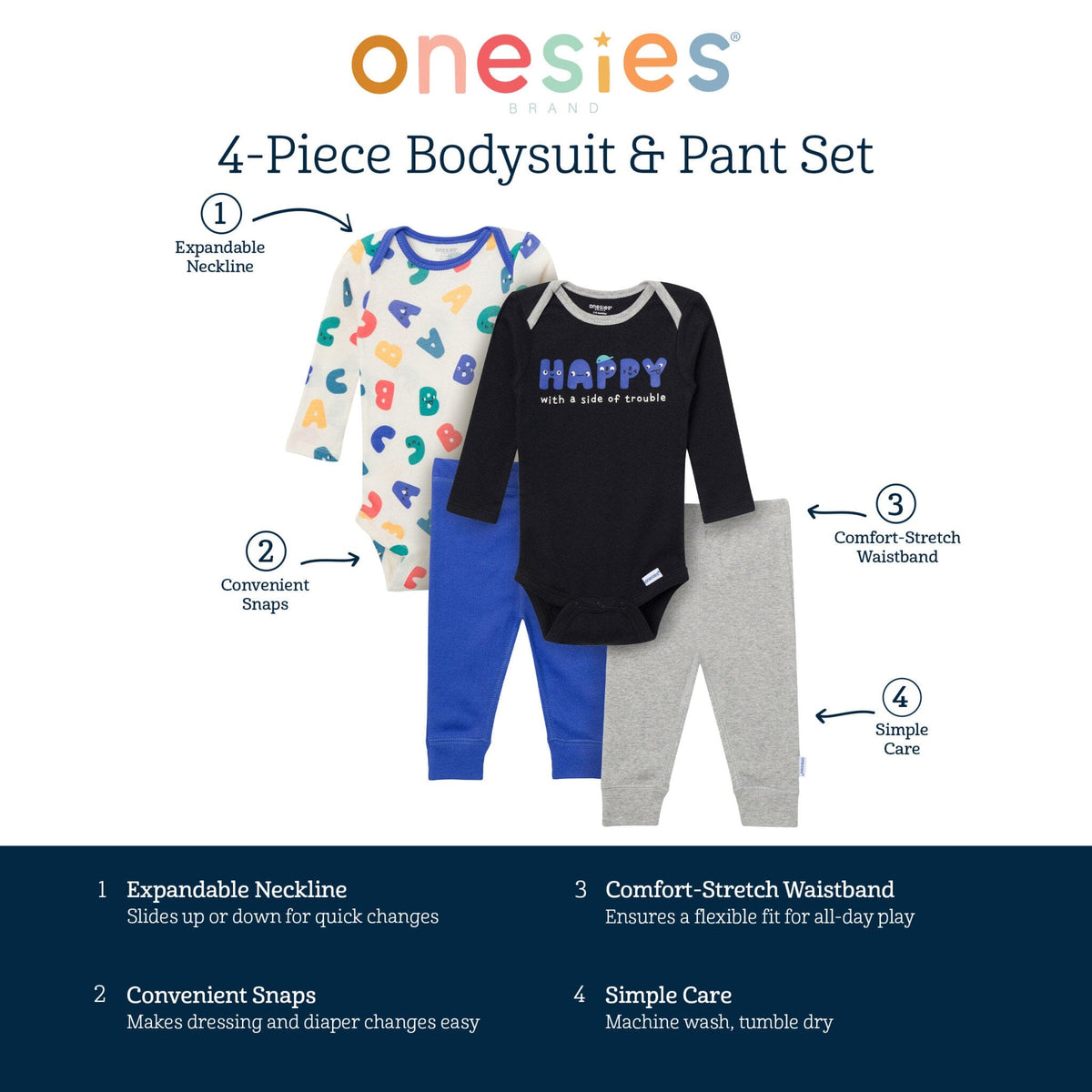 4-Piece Baby Boys Happy Letters Onesies® Bodysuits and Pants outfits Onesies® Brand 