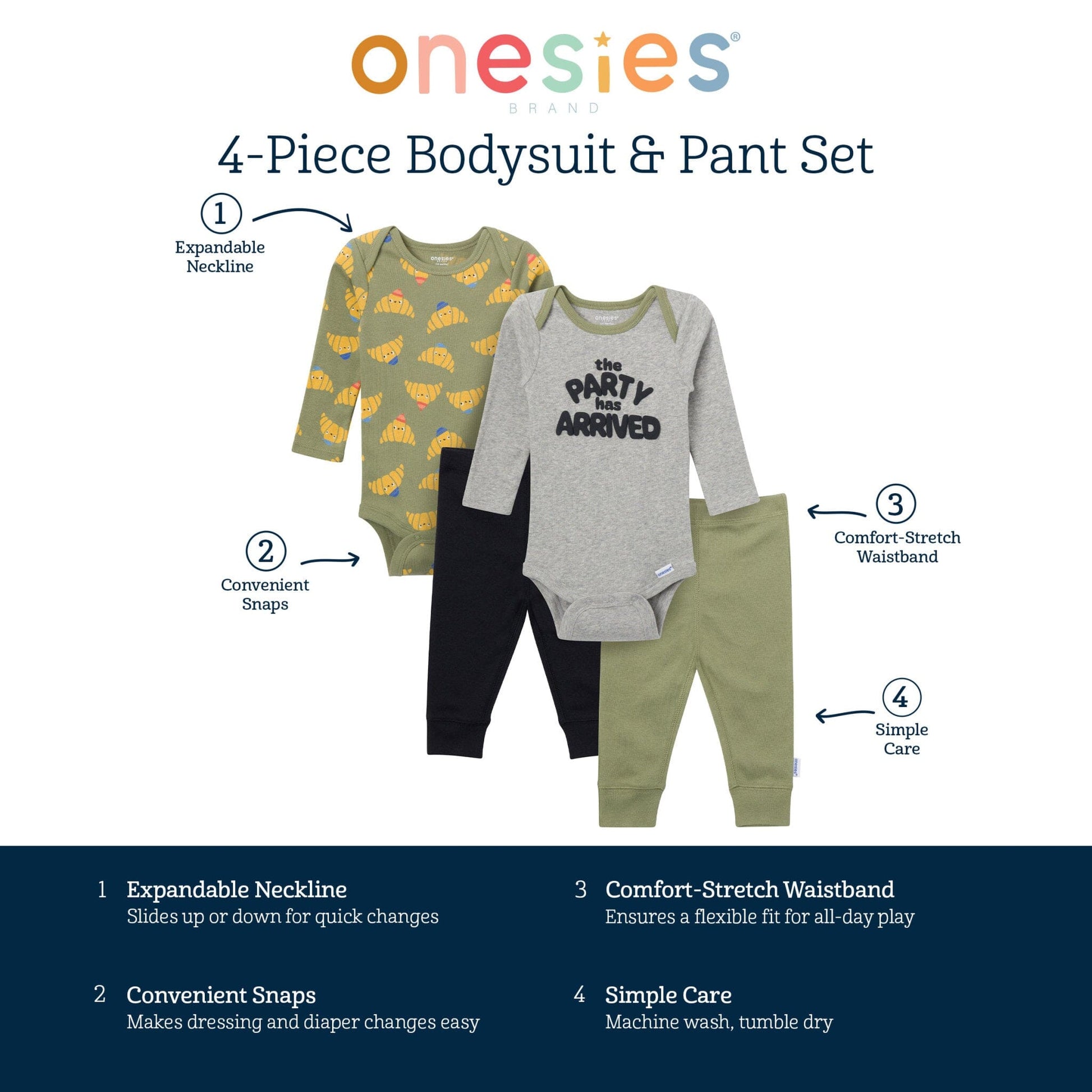 4-Piece Baby Boys Party Croissant Onesies® Bodysuits and Pants outfits Onesies® Brand 