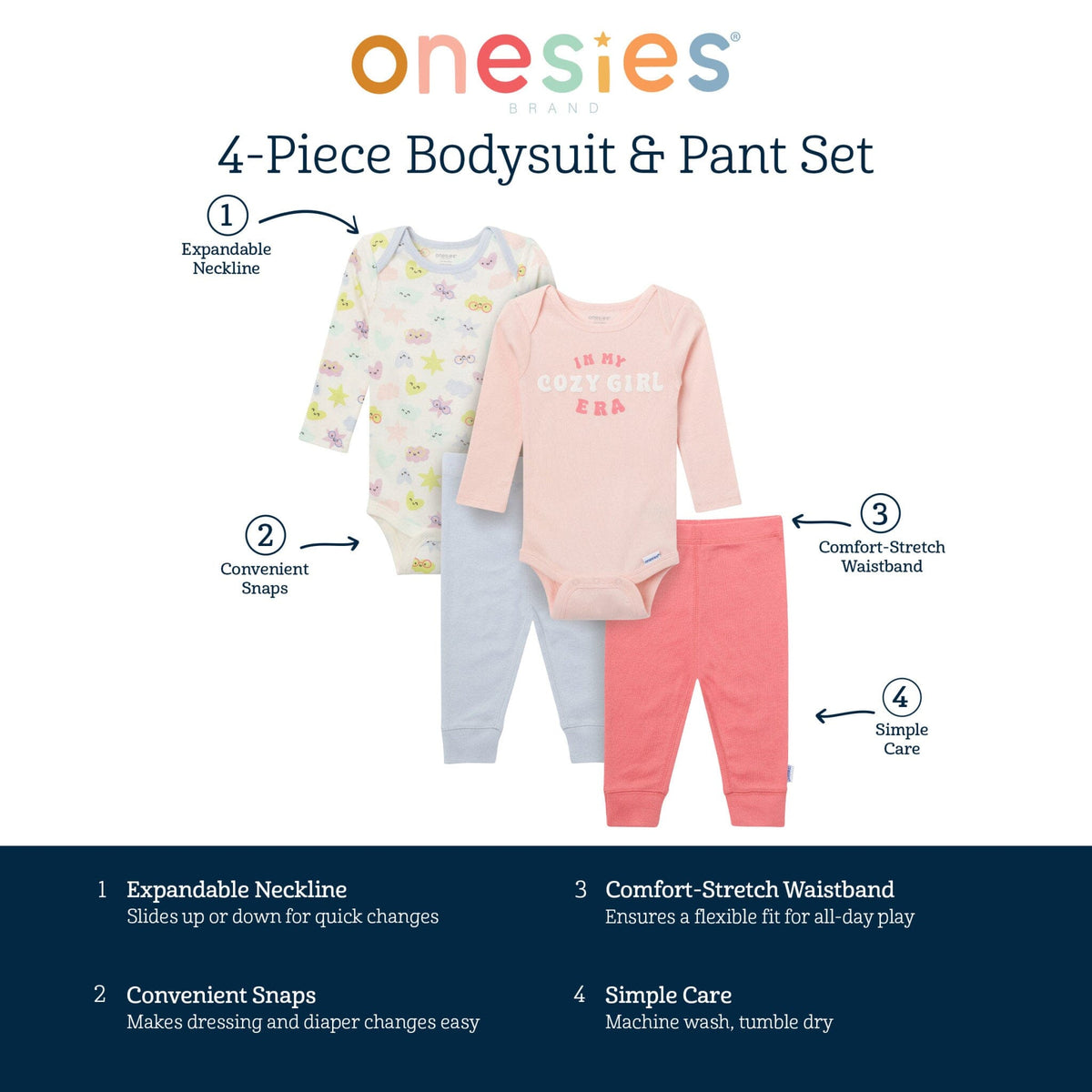4-Piece Baby Girls Cozy Girl Onesies® Bodysuits and Pants outfits Onesies® Brand 